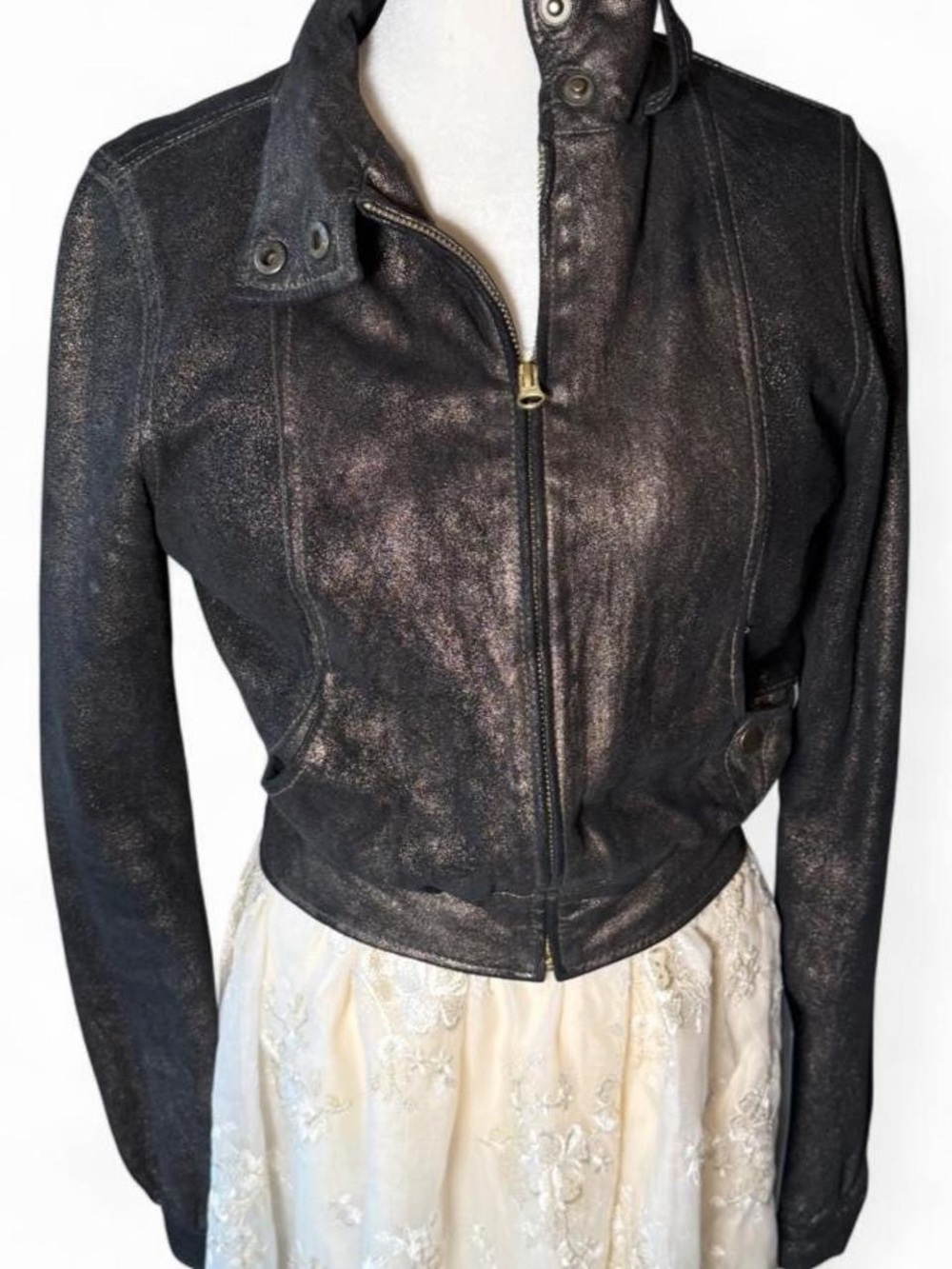 Mike & Chris Metallic Dark Bronze Leather Moto Jacket - Size S